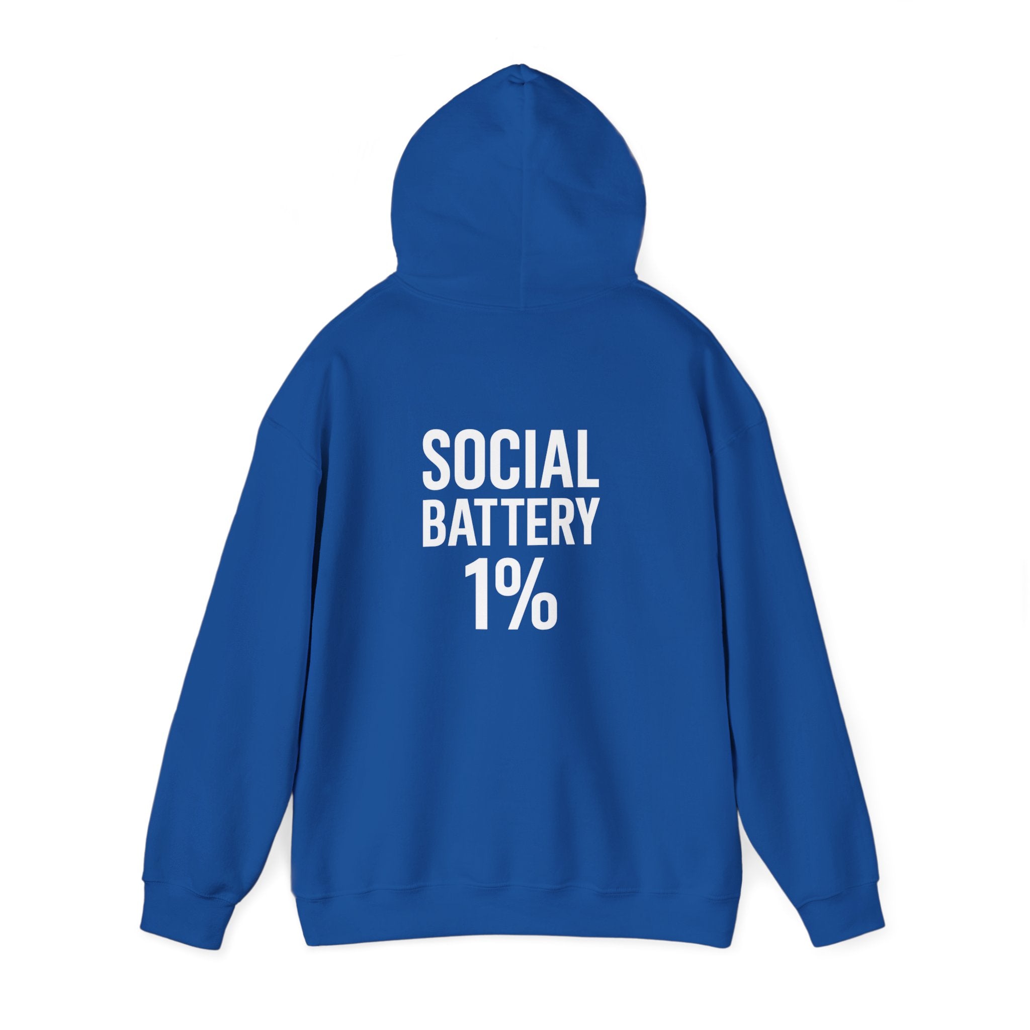 Hoodie — “Social Battery 1%” Low Energy Battery Icon Pullover