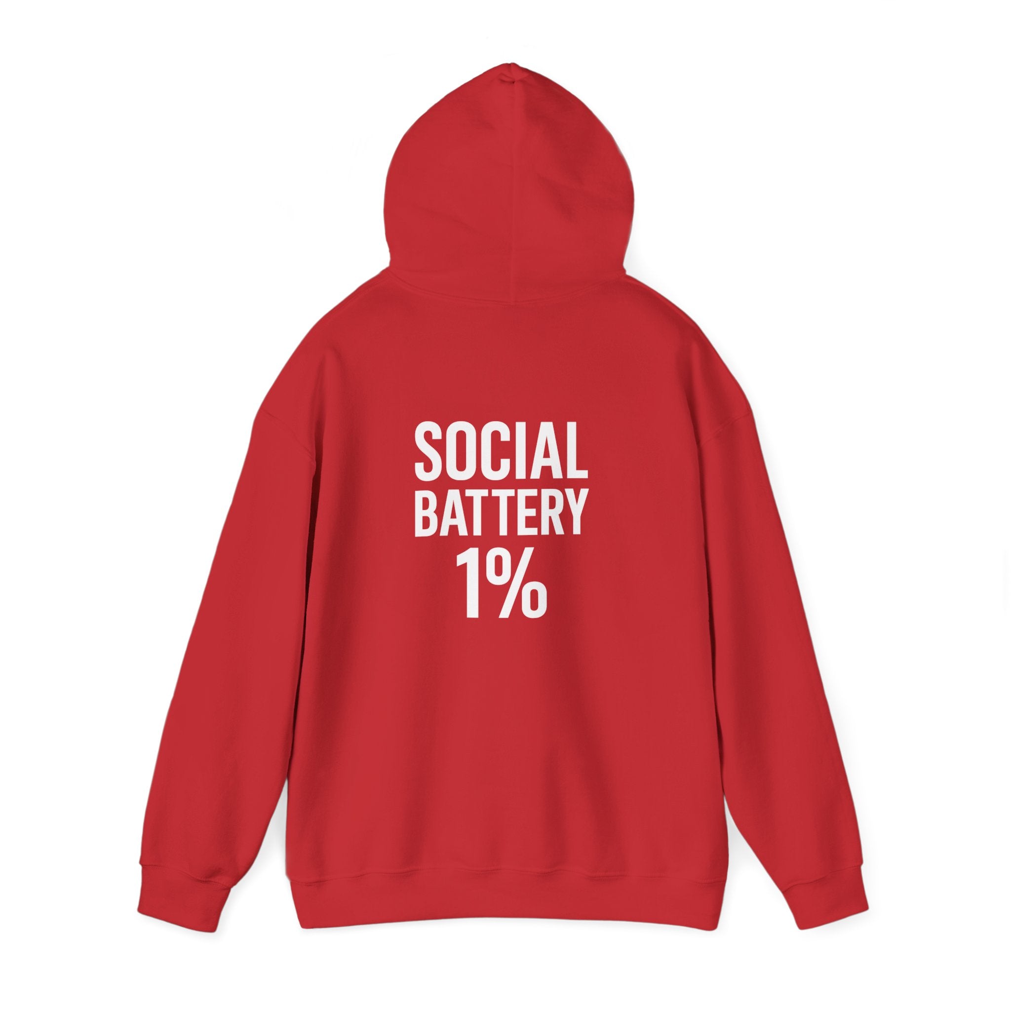 Hoodie — “Social Battery 1%” Low Energy Battery Icon Pullover