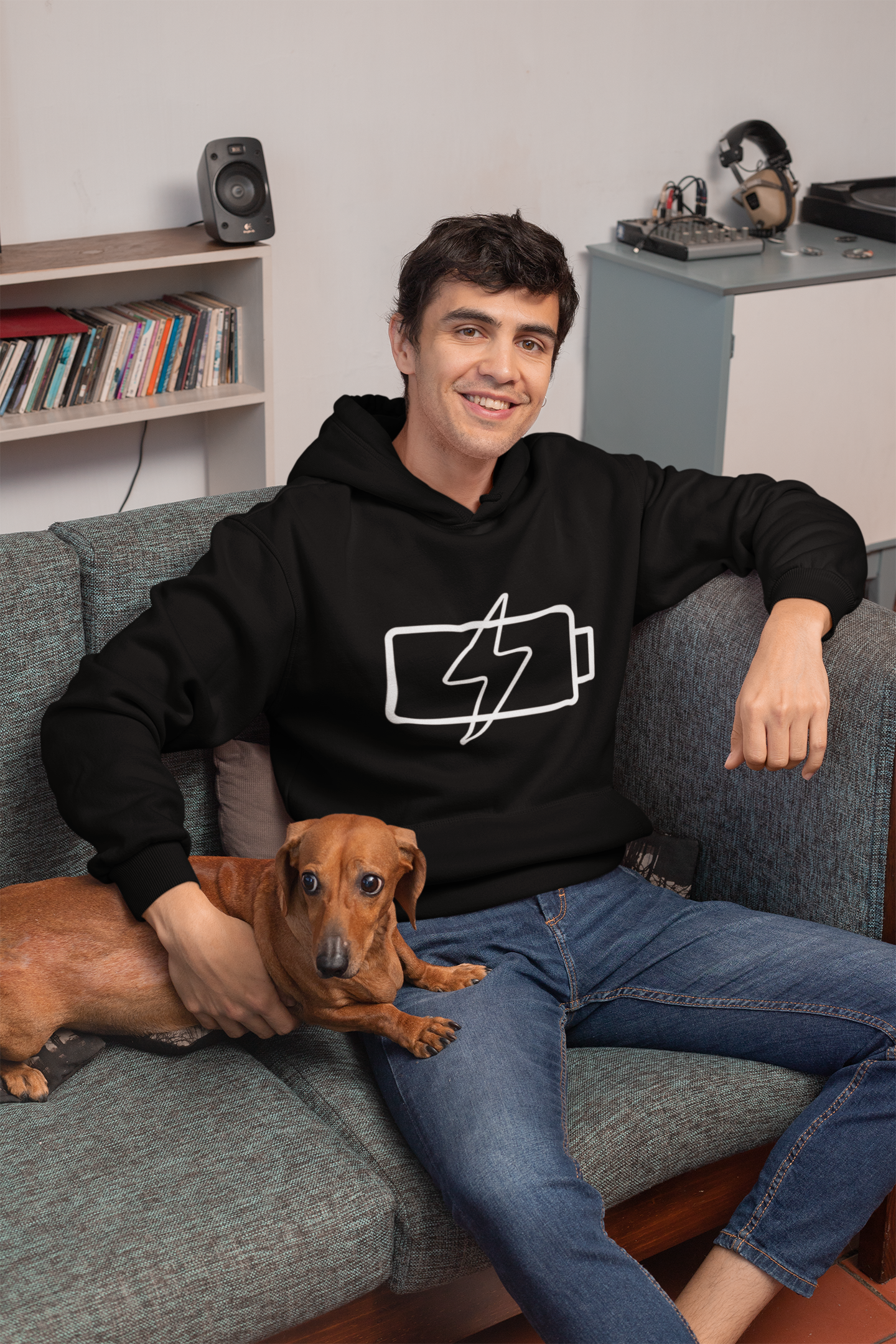 Hoodie — “Social Battery 1%” Low Energy Battery Icon Pullover