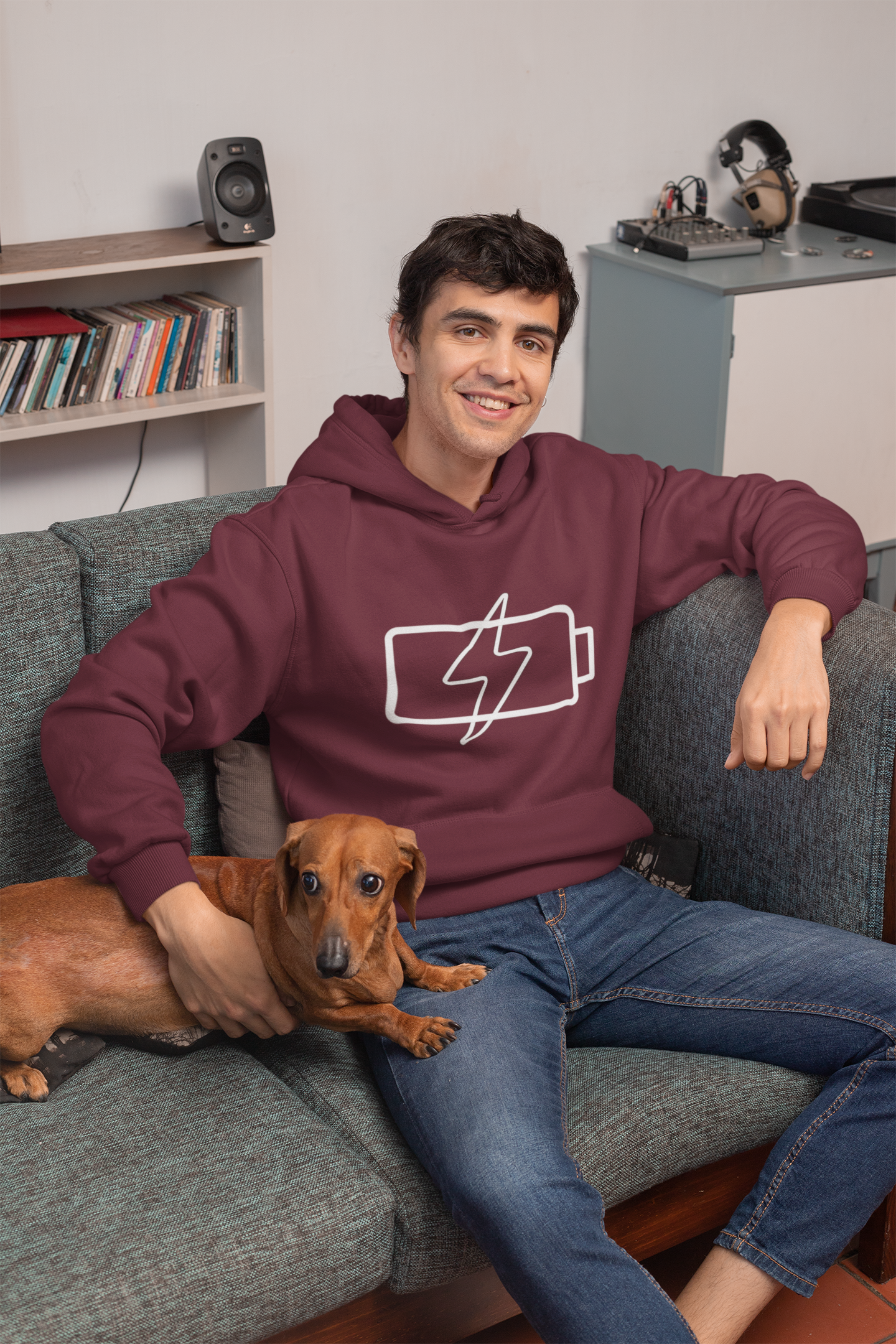 Hoodie — “Social Battery 1%” Low Energy Battery Icon Pullover
