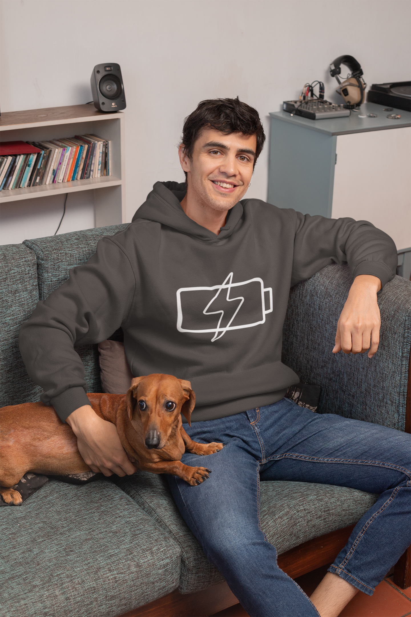 Hoodie — “Social Battery 1%” Low Energy Battery Icon Pullover