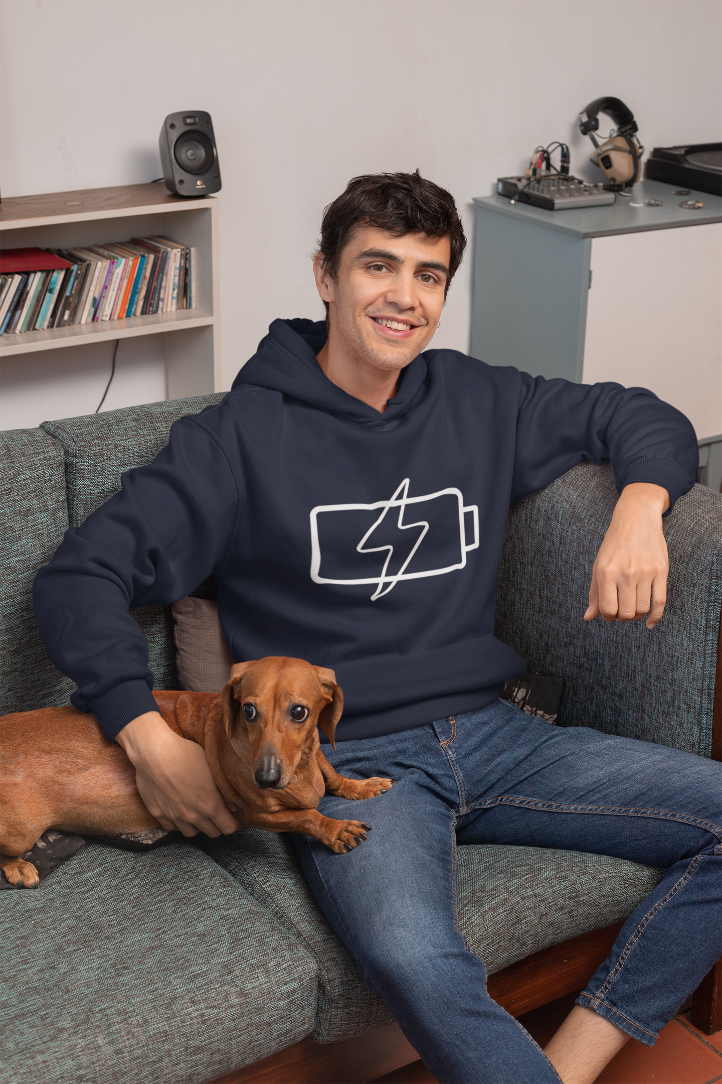 Hoodie — “Social Battery 1%” Low Energy Battery Icon Pullover