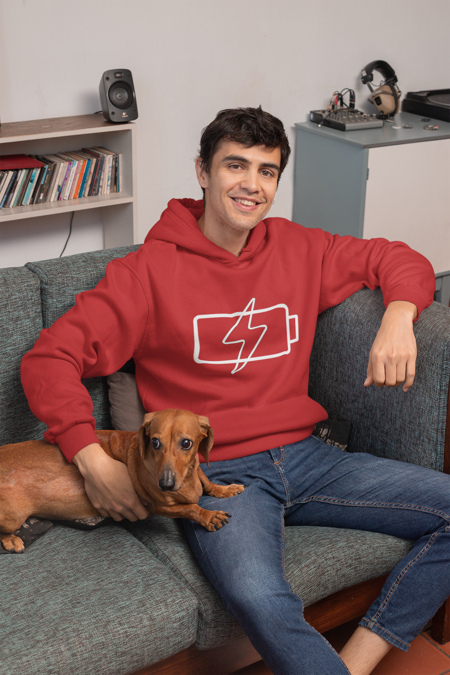 Hoodie — “Social Battery 1%” Low Energy Battery Icon Pullover