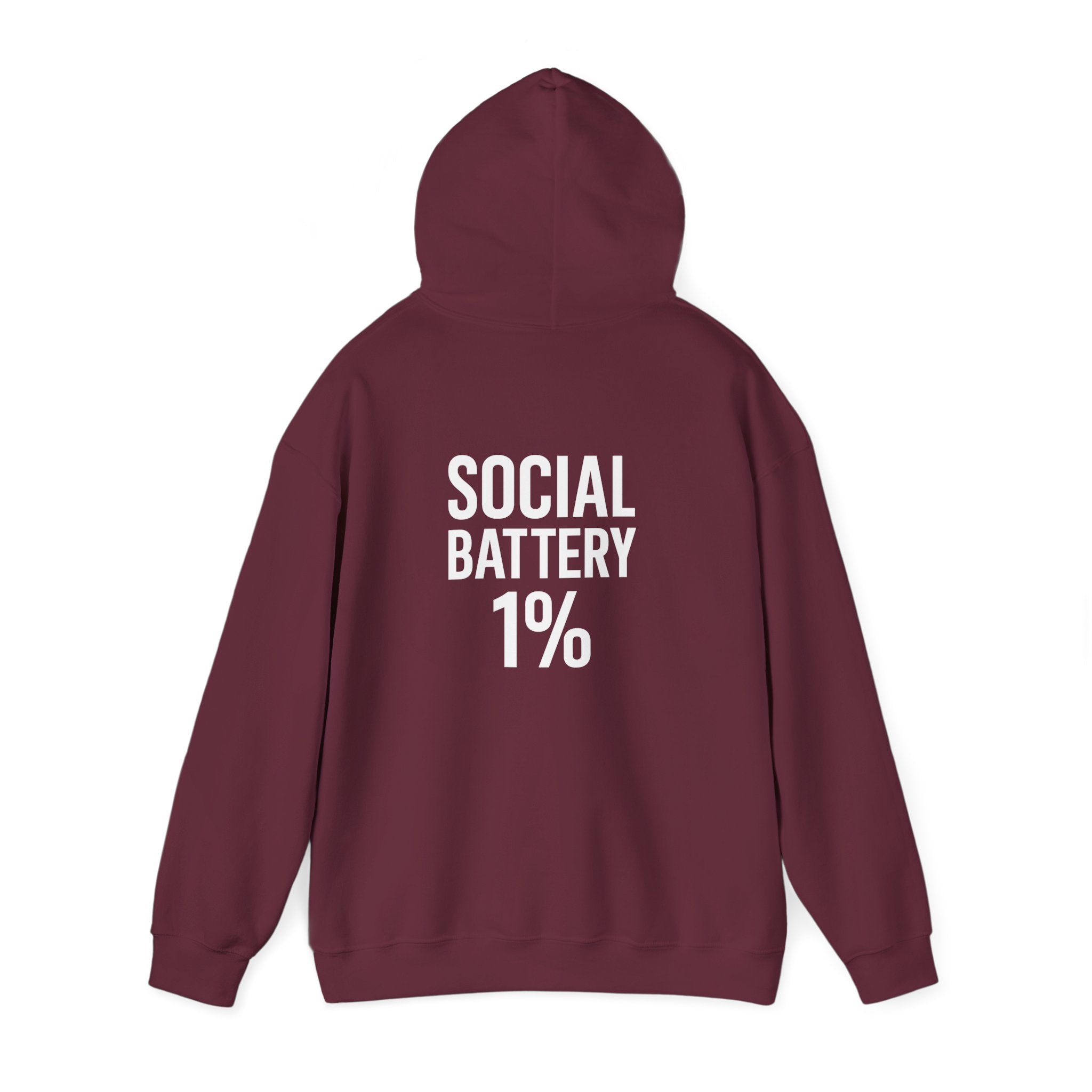 Hoodie — “Social Battery 1%” Low Energy Battery Icon Pullover