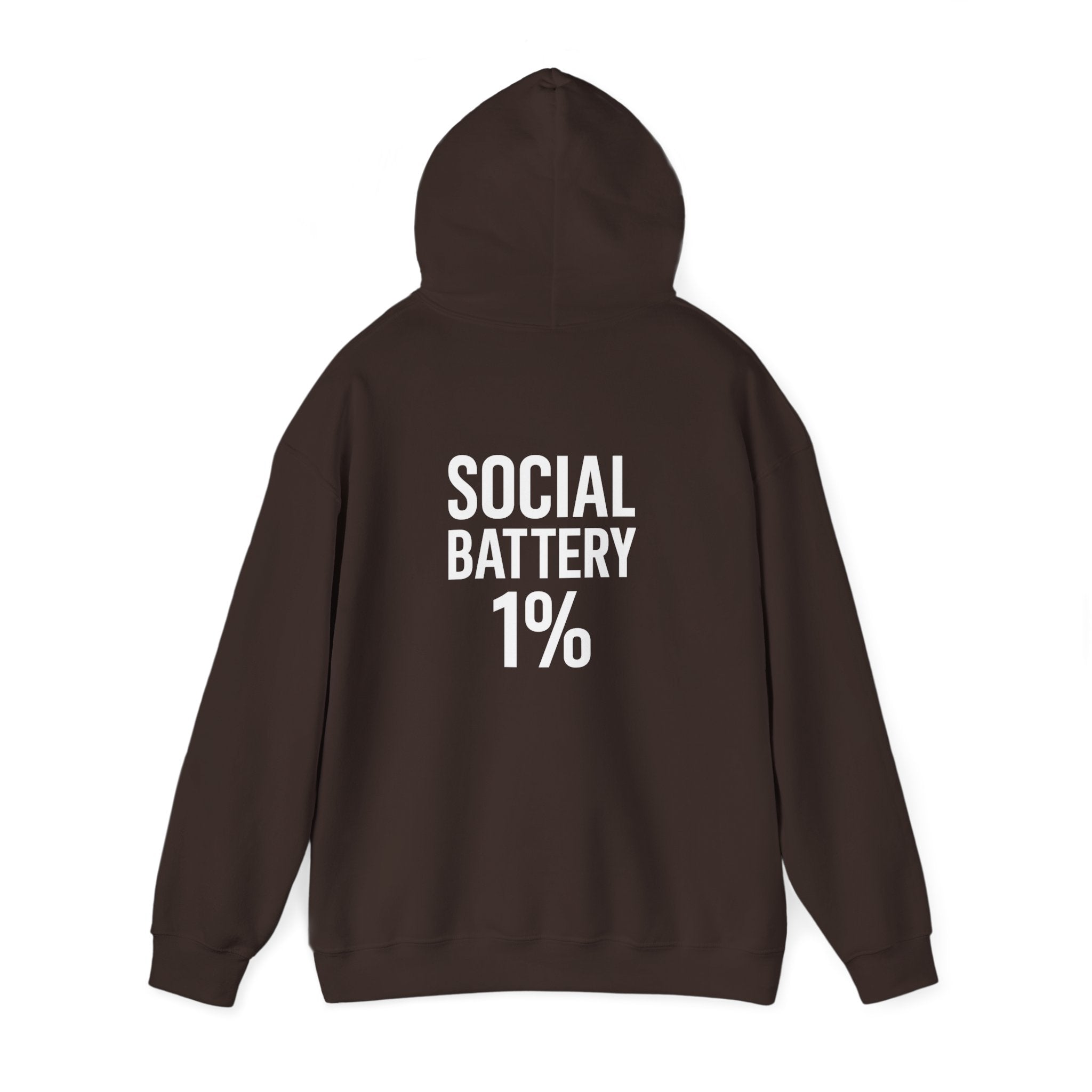 Hoodie — “Social Battery 1%” Low Energy Battery Icon Pullover