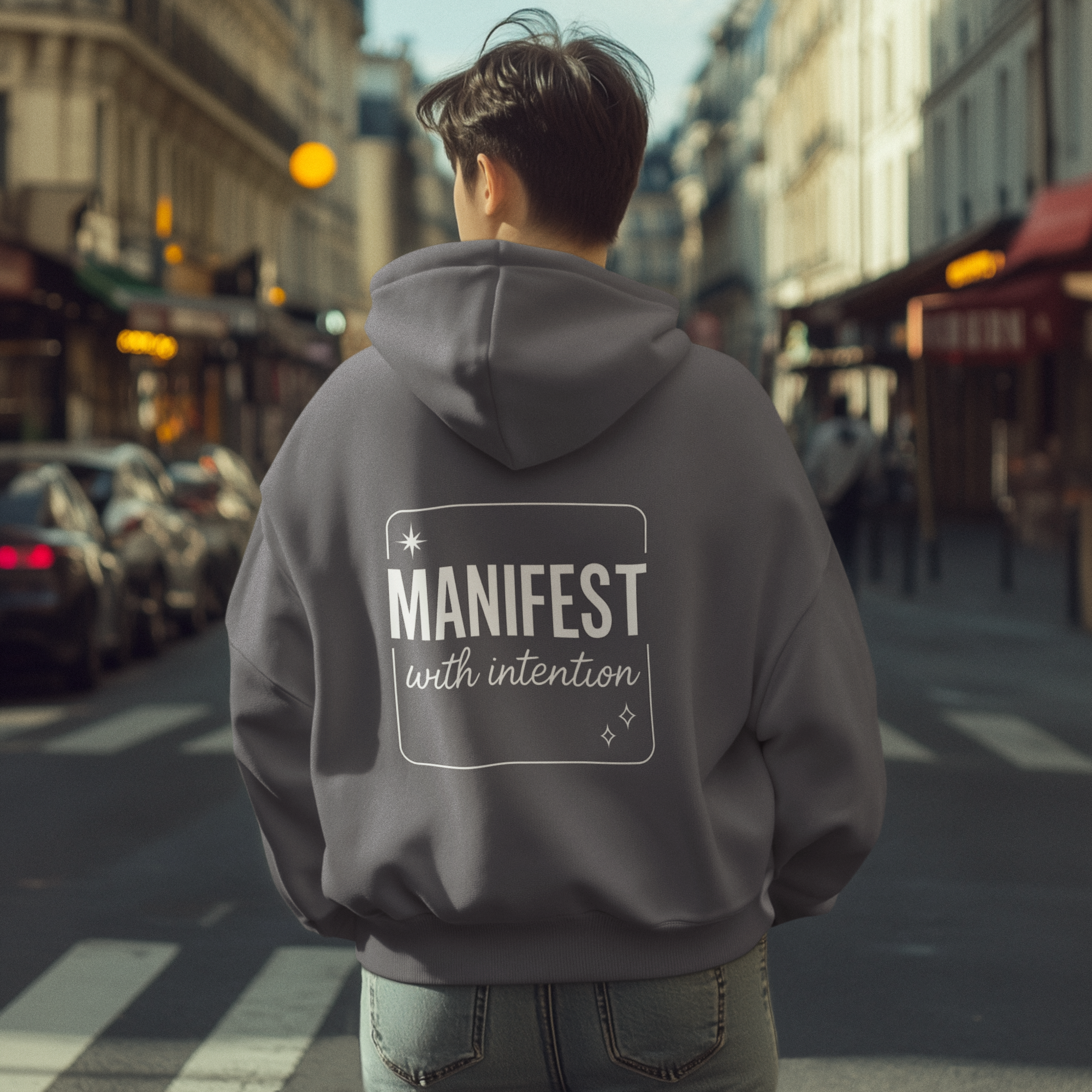 Manifest With Intention Hoodie — "Awaken" Moon Graphic Spiritual Hoodie