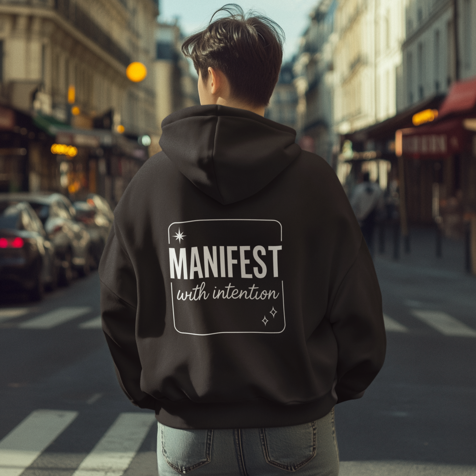 Manifest With Intention Hoodie — "Awaken" Moon Graphic Spiritual Hoodie