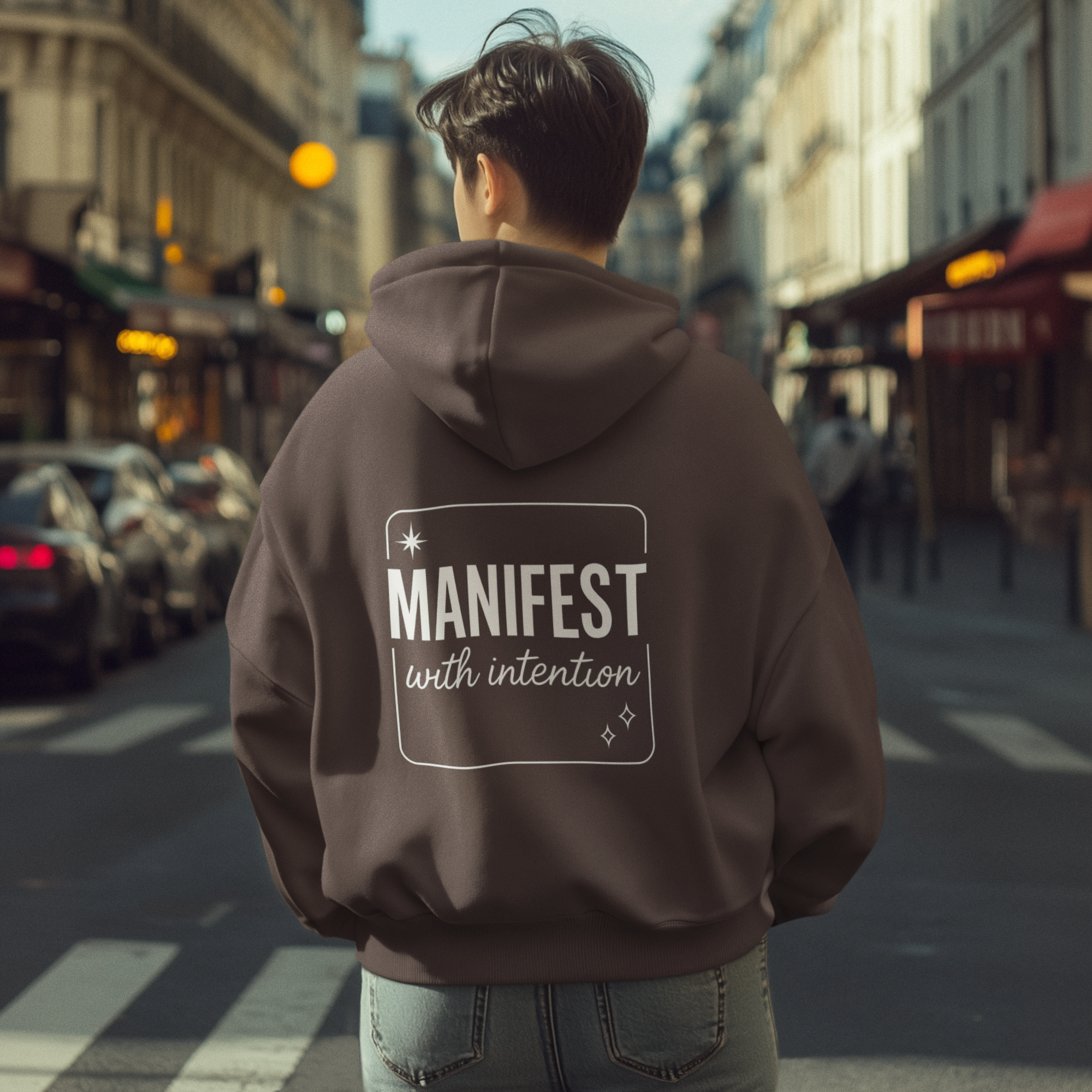 Manifest With Intention Hoodie — "Awaken" Moon Graphic Spiritual Hoodie