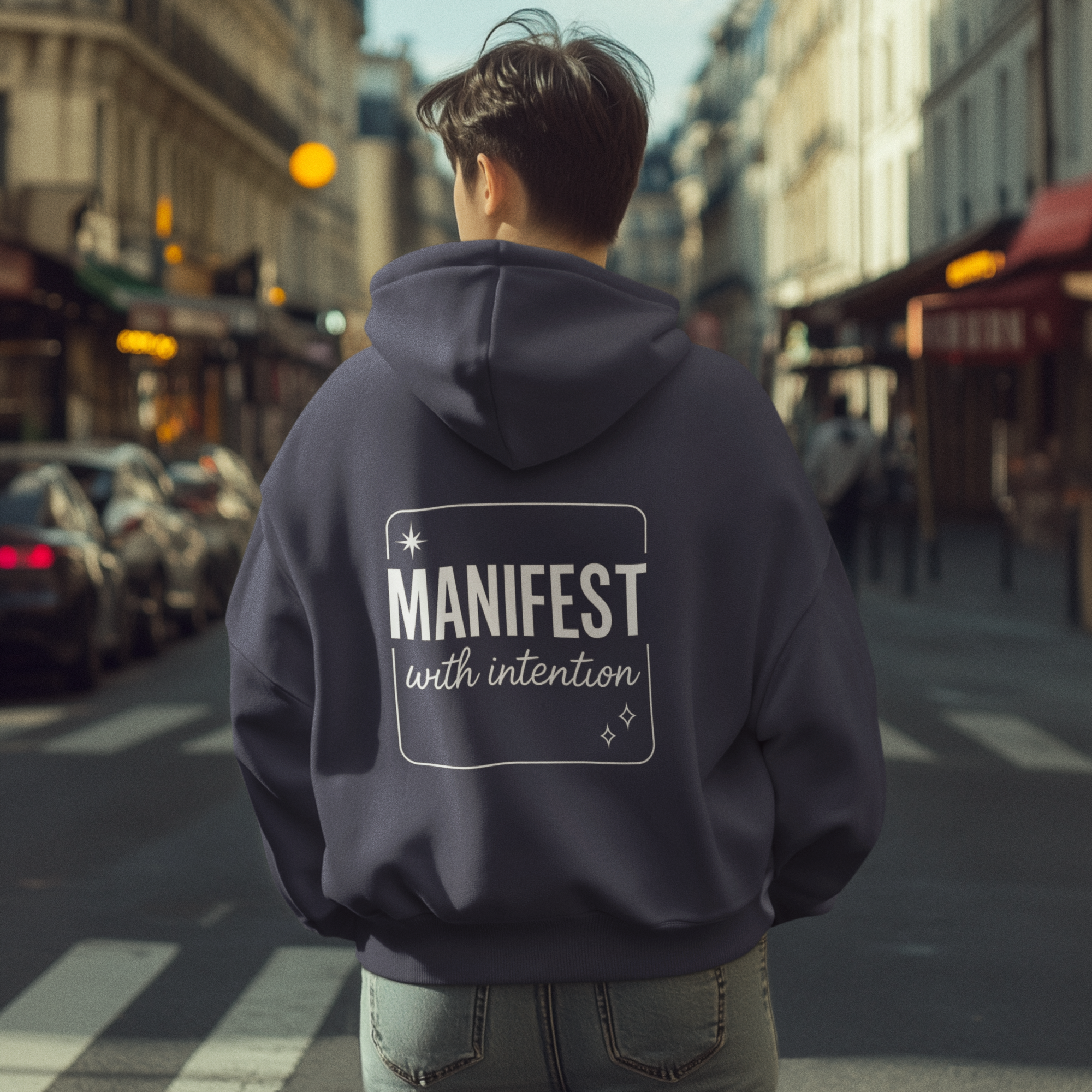 Manifest With Intention Hoodie — "Awaken" Moon Graphic Spiritual Hoodie
