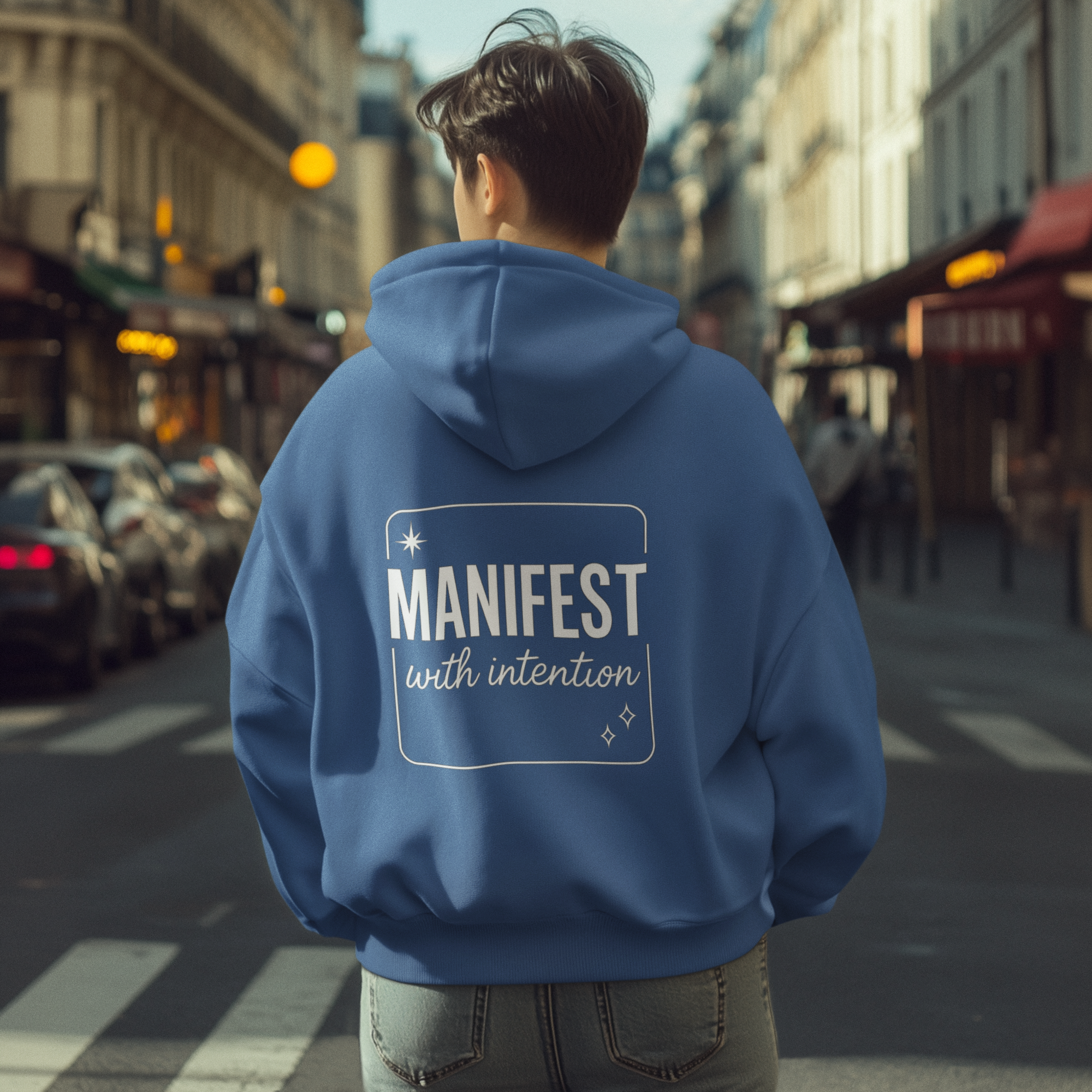 Manifest With Intention Hoodie — "Awaken" Moon Graphic Spiritual Hoodie