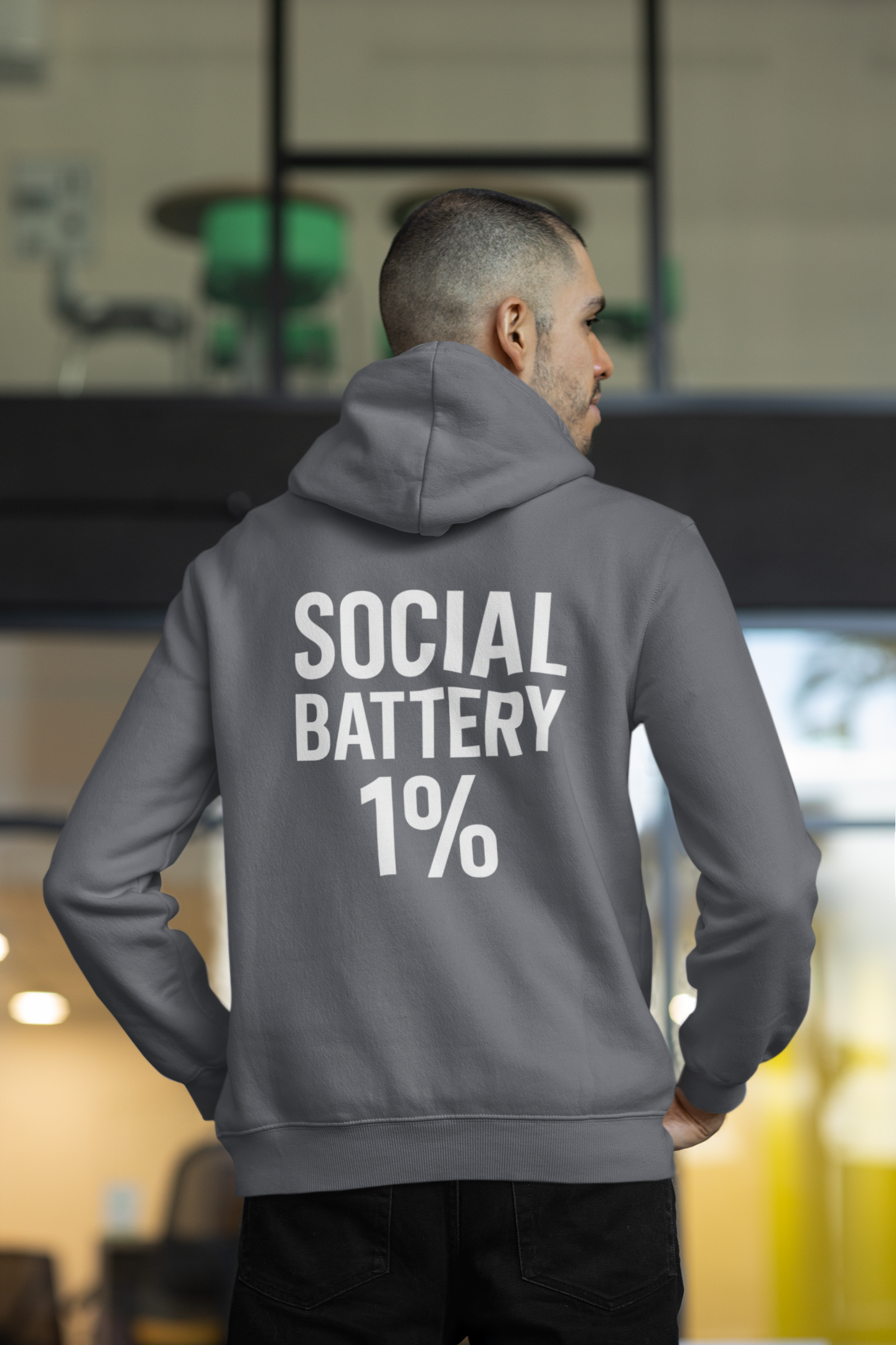 Hoodie — “Social Battery 1%” Low Energy Battery Icon Pullover