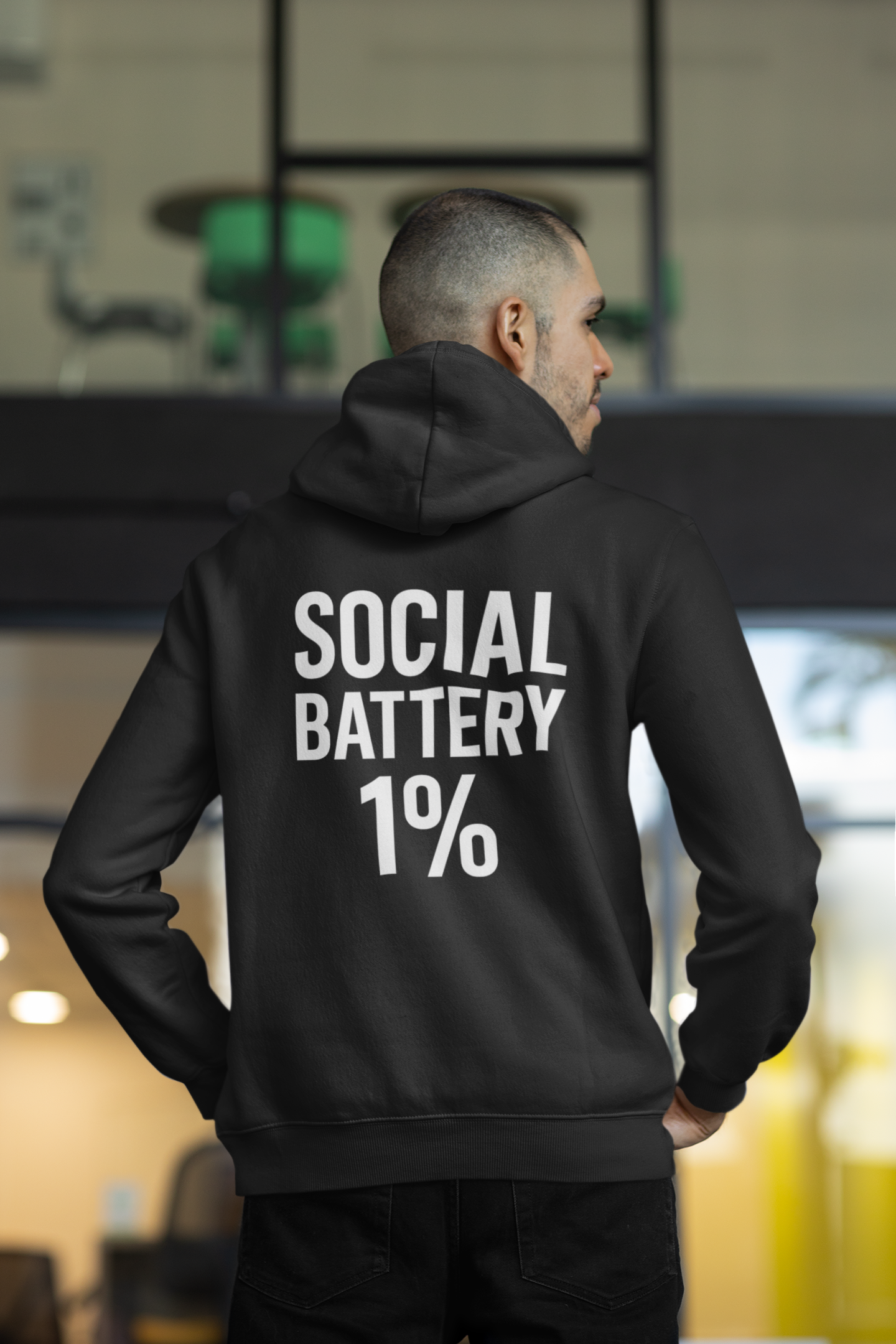 Hoodie — “Social Battery 1%” Low Energy Battery Icon Pullover