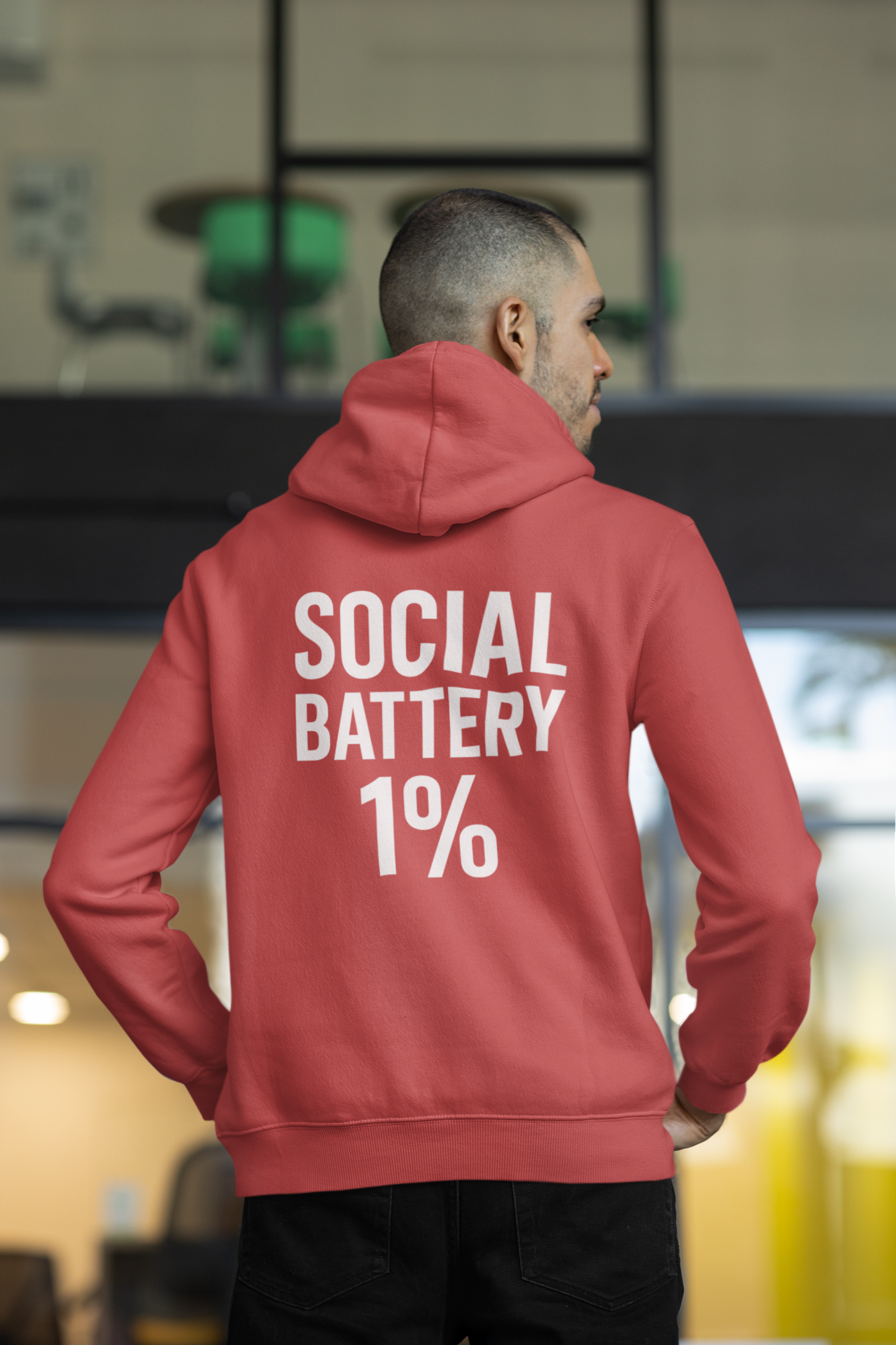 Hoodie — “Social Battery 1%” Low Energy Battery Icon Pullover