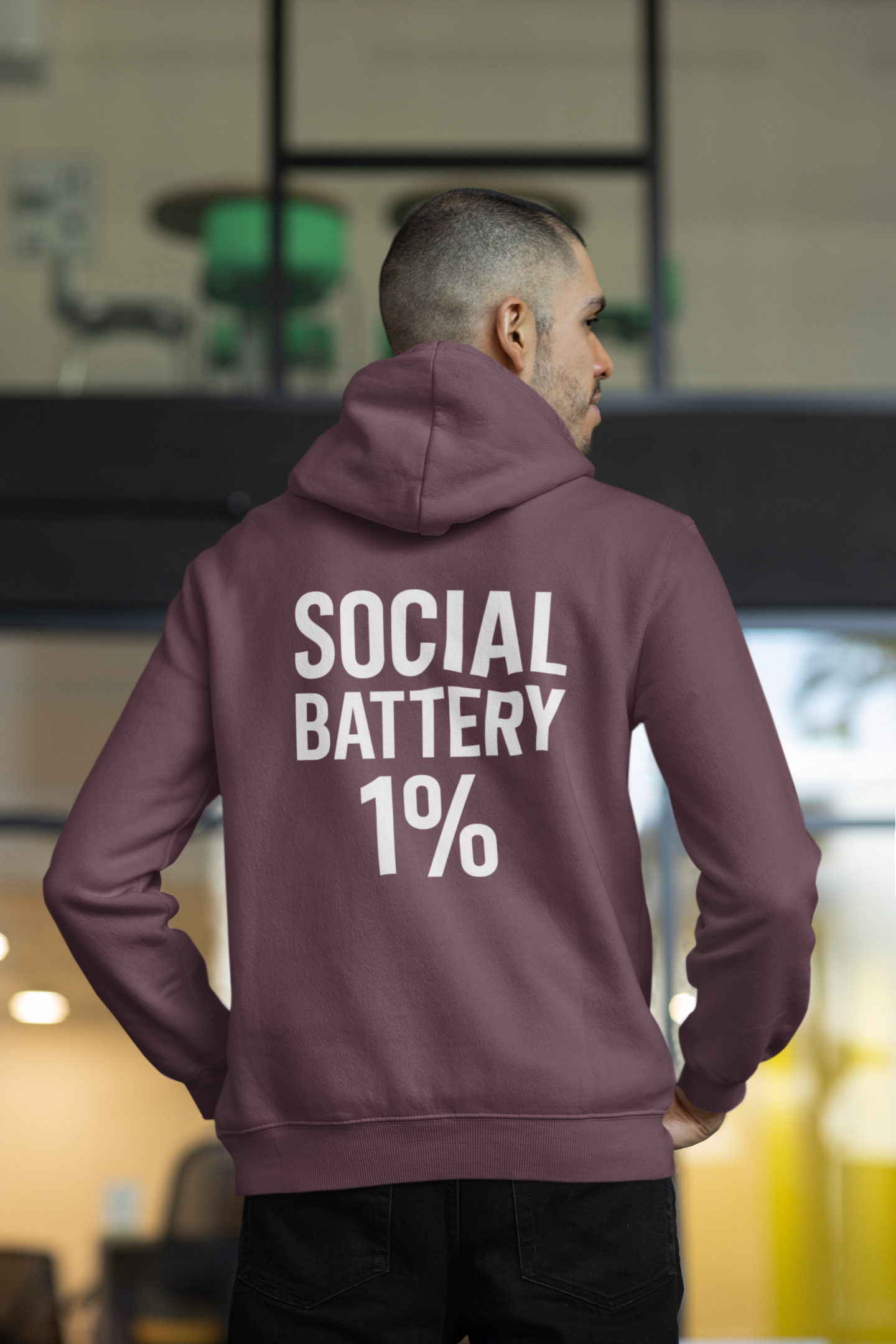 Hoodie — “Social Battery 1%” Low Energy Battery Icon Pullover
