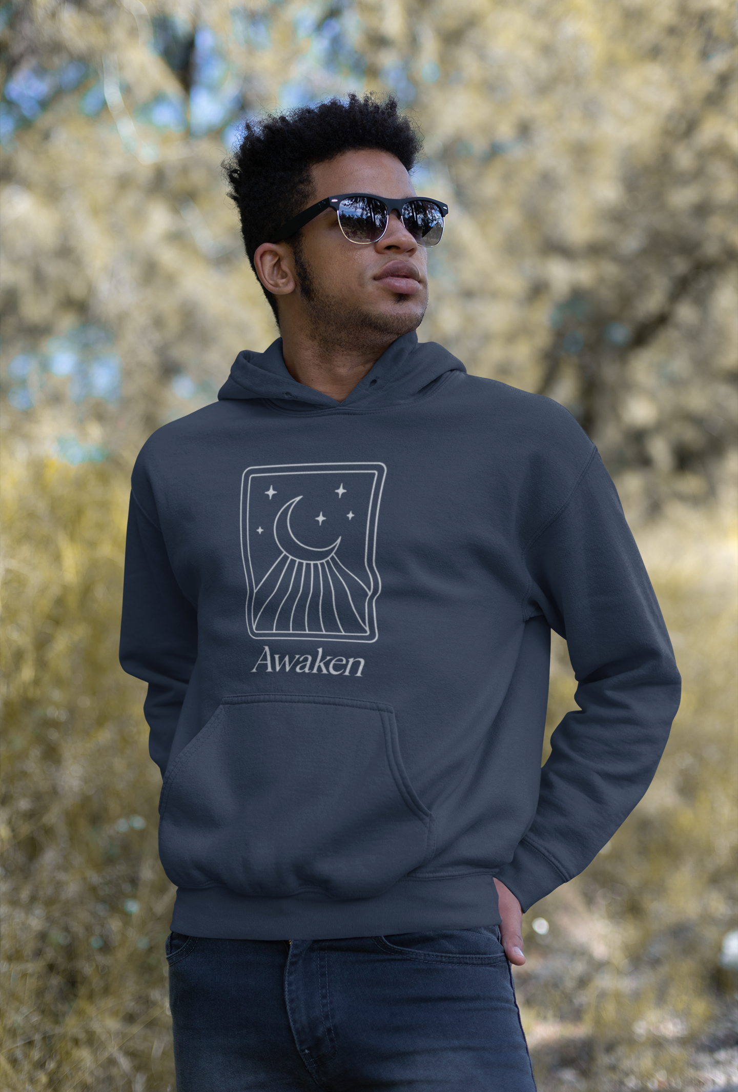 Manifest With Intention Hoodie — "Awaken" Moon Graphic Spiritual Hoodie