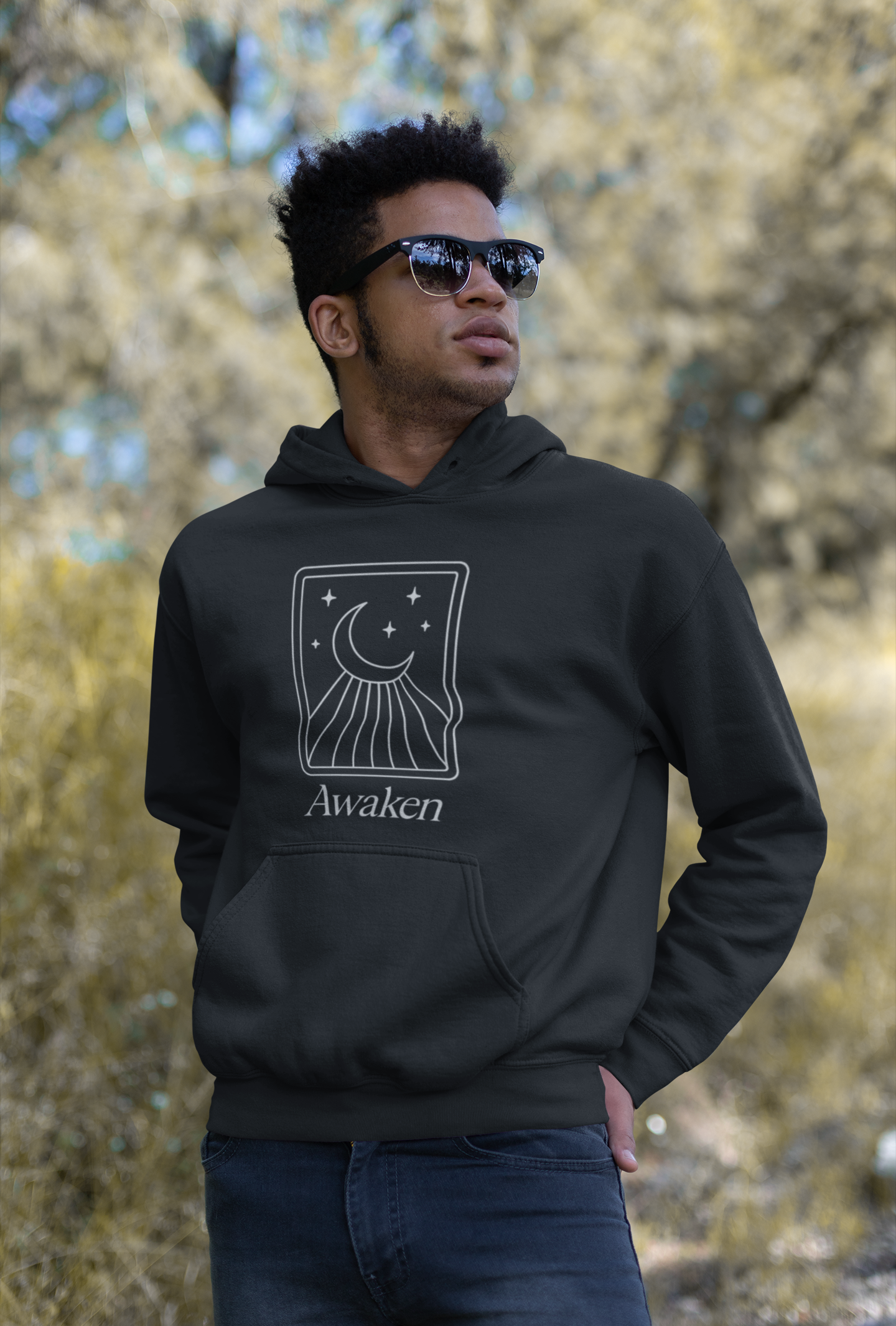Manifest With Intention Hoodie — "Awaken" Moon Graphic Spiritual Hoodie