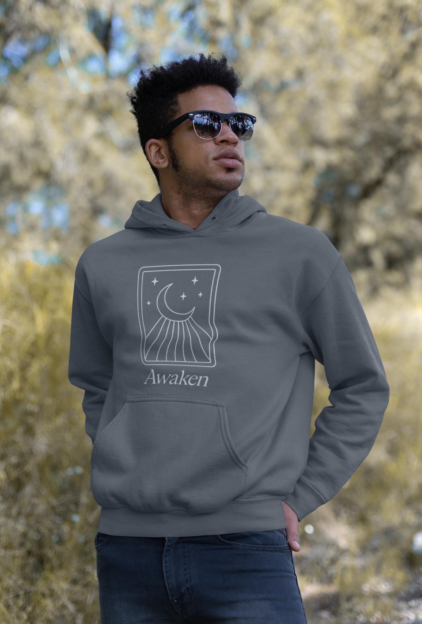 Manifest With Intention Hoodie — "Awaken" Moon Graphic Spiritual Hoodie